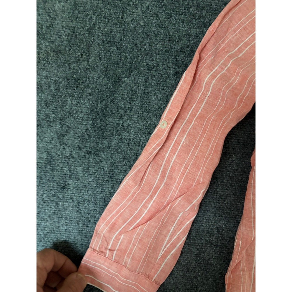 Chicos No Iron Linen Shirt Coral Pink White Striped Button Down Long Sleeve Sz 1 - Picture 5 of 9